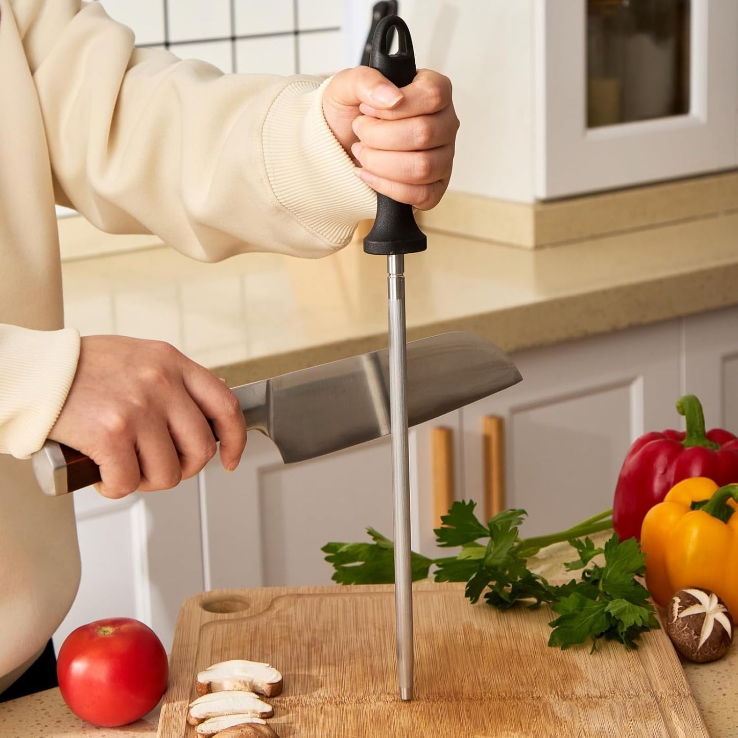 Knife Sharpener Rod, 10 Inch Honing Steel for Knives, Professional Magnetic Sharpening Stick, Premium High Carbon Steel with Hard Chrome Plating, Easy to Grip for All Kitchen Knives