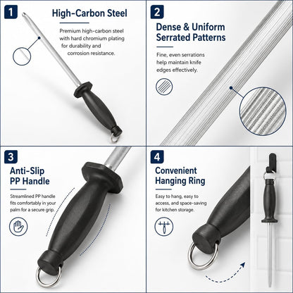 Knife Sharpener Rod, 10 Inch Honing Steel for Knives, Professional Magnetic Sharpening Stick, Premium High Carbon Steel with Hard Chrome Plating, Easy to Grip for All Kitchen Knives