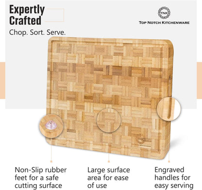 Small End Grain Bamboo Cutting Board | Professional, Butcher Block | Non-Slip Rubber Feet