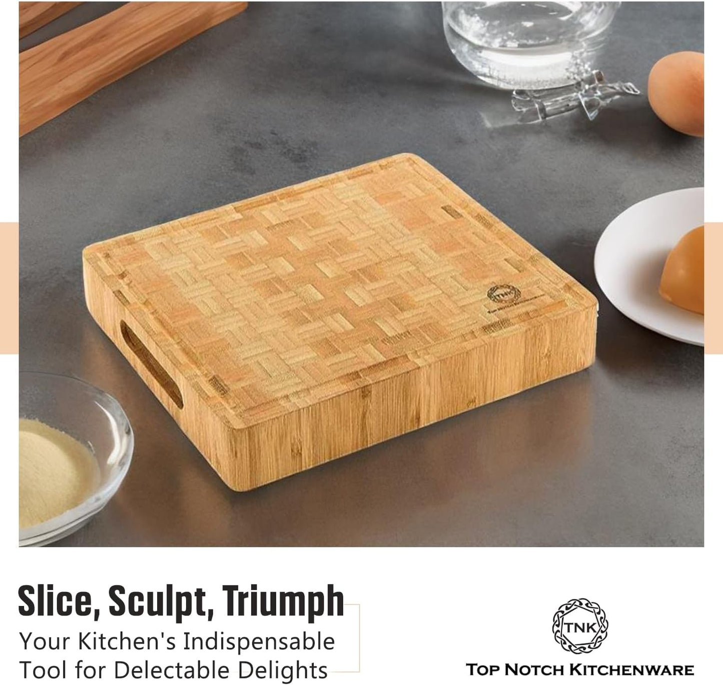 Small End Grain Bamboo Cutting Board | Professional, Butcher Block | Non-Slip Rubber Feet