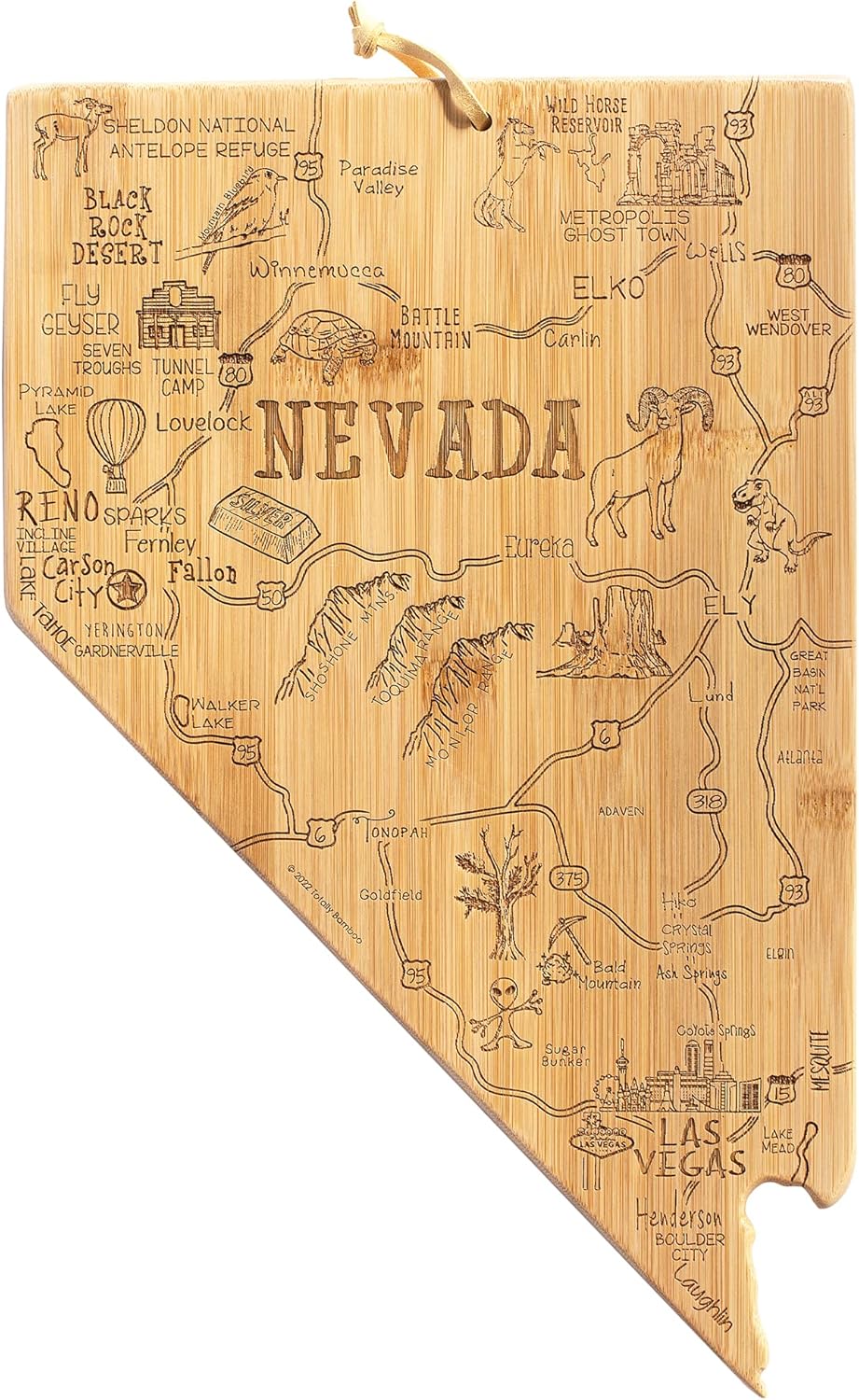 Destination Nevada State Shaped Cutting Board | State charcuterie serving board with engraved map artwork. Smooth reverse side for food prep. Hang tie for wall display.