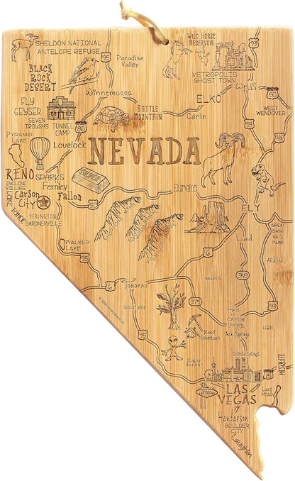 Destination Nevada State Shaped Cutting Board | State charcuterie serving board with engraved map artwork. Smooth reverse side for food prep. Hang tie for wall display.