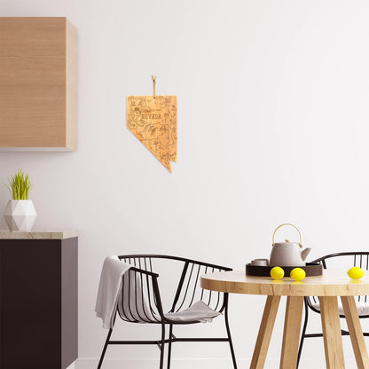 Destination Nevada State Shaped Cutting Board | State charcuterie serving board with engraved map artwork. Smooth reverse side for food prep. Hang tie for wall display.