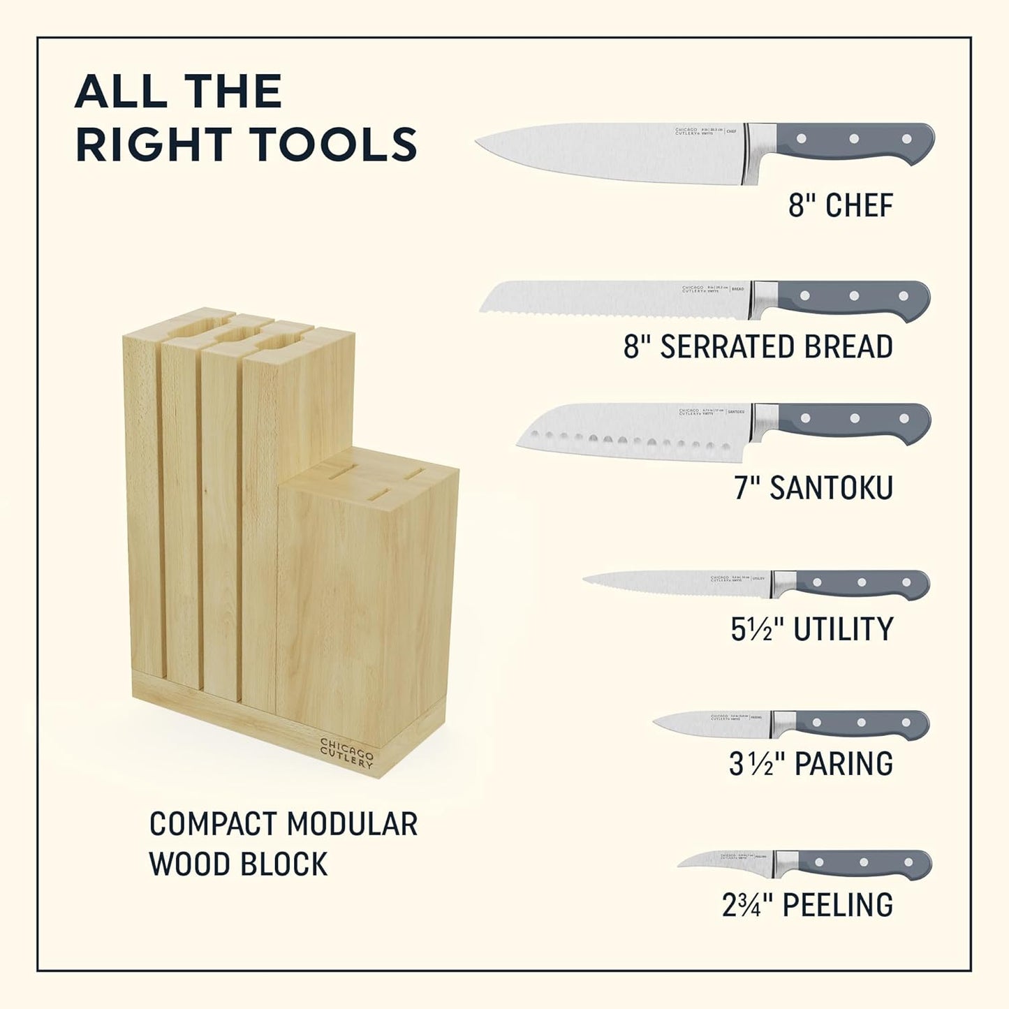 Halsted (7-PC) Steak Knives & Wooden Block Set, Ergonomic Handles and Sharp Stainless Steel Professional Chef Cutlery Set