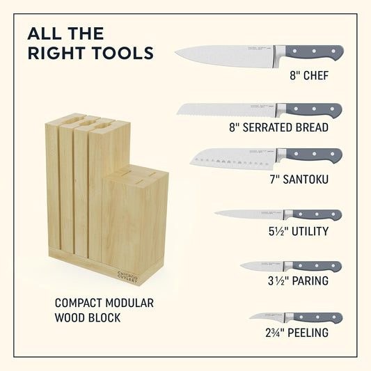 Halsted (7-PC) Steak Knives & Wooden Block Set, Ergonomic Handles and Sharp Stainless Steel Professional Chef Cutlery Set