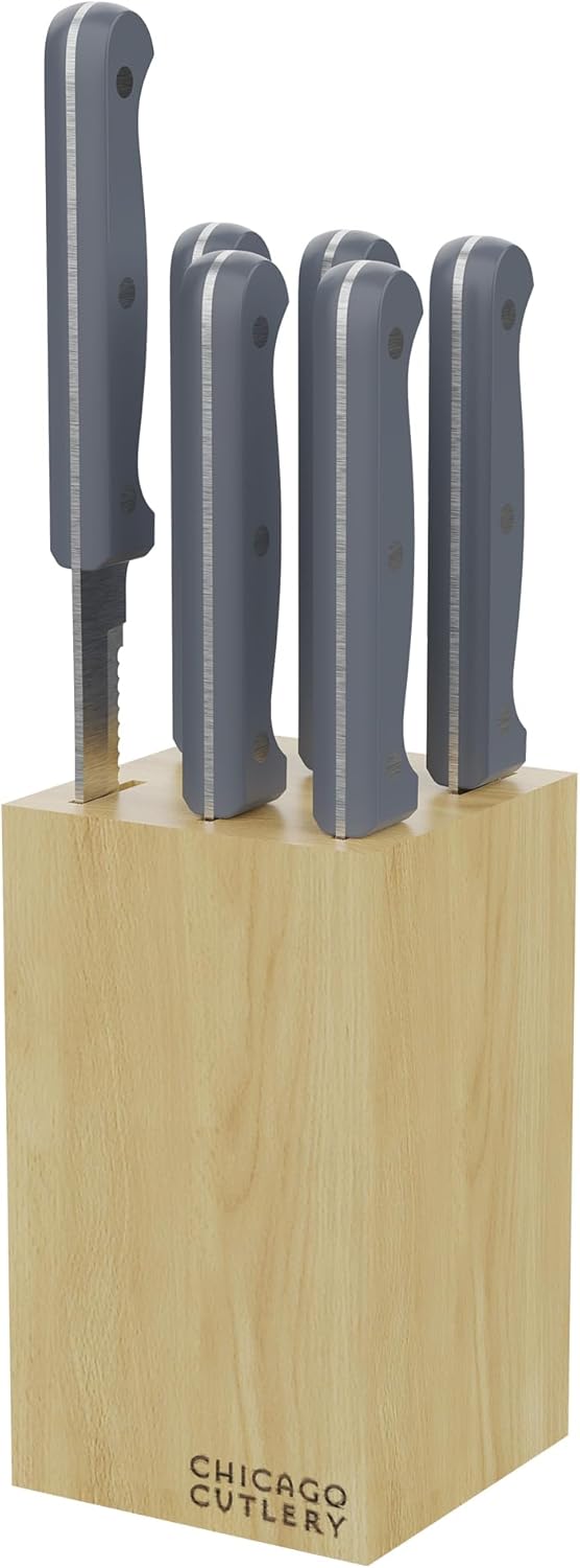 Halsted (7-PC) Steak Knives & Wooden Block Set, Ergonomic Handles and Sharp Stainless Steel Professional Chef Cutlery Set