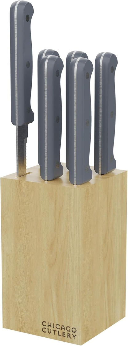 Halsted (7-PC) Steak Knives & Wooden Block Set, Ergonomic Handles and Sharp Stainless Steel Professional Chef Cutlery Set