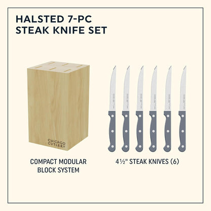 Halsted (7-PC) Steak Knives & Wooden Block Set, Ergonomic Handles and Sharp Stainless Steel Professional Chef Cutlery Set