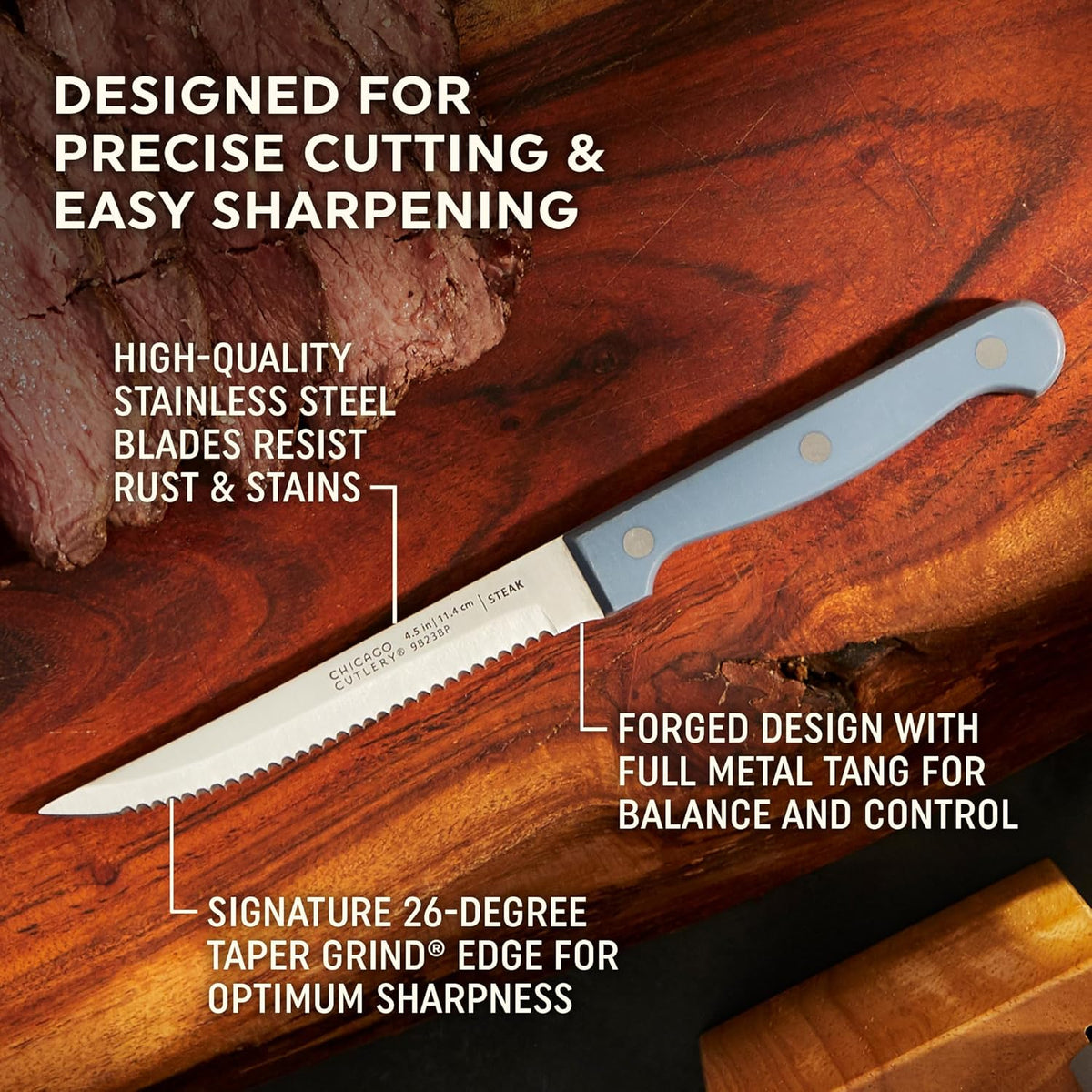 Halsted (7-PC) Steak Knives & Wooden Block Set, Ergonomic Handles and Sharp Stainless Steel Professional Chef Cutlery Set