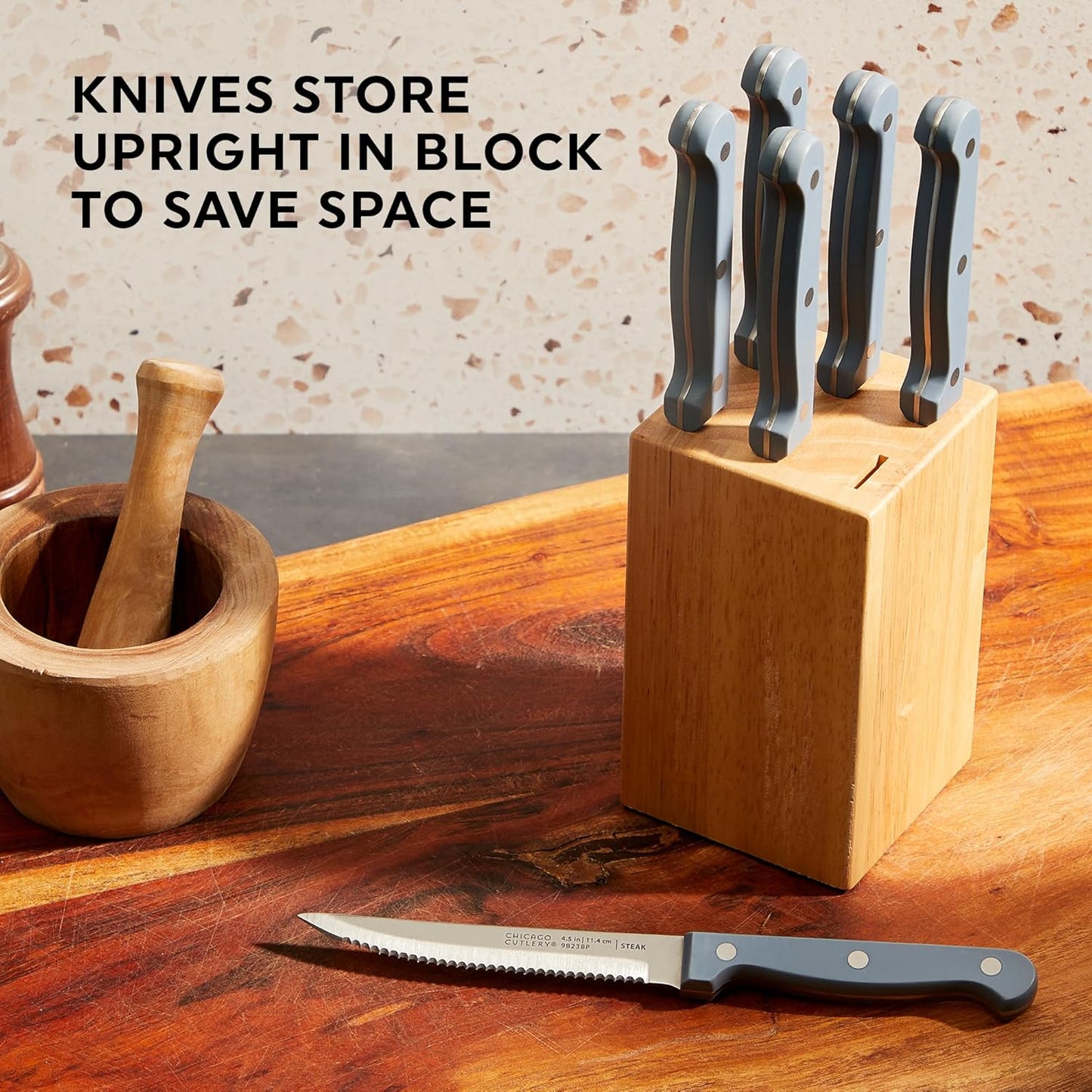 Halsted (7-PC) Steak Knives & Wooden Block Set, Ergonomic Handles and Sharp Stainless Steel Professional Chef Cutlery Set