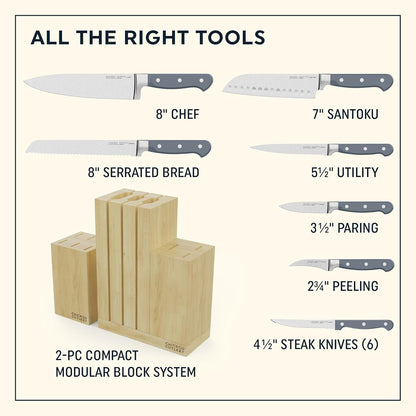 Halsted (7-PC) Steak Knives & Wooden Block Set, Ergonomic Handles and Sharp Stainless Steel Professional Chef Cutlery Set
