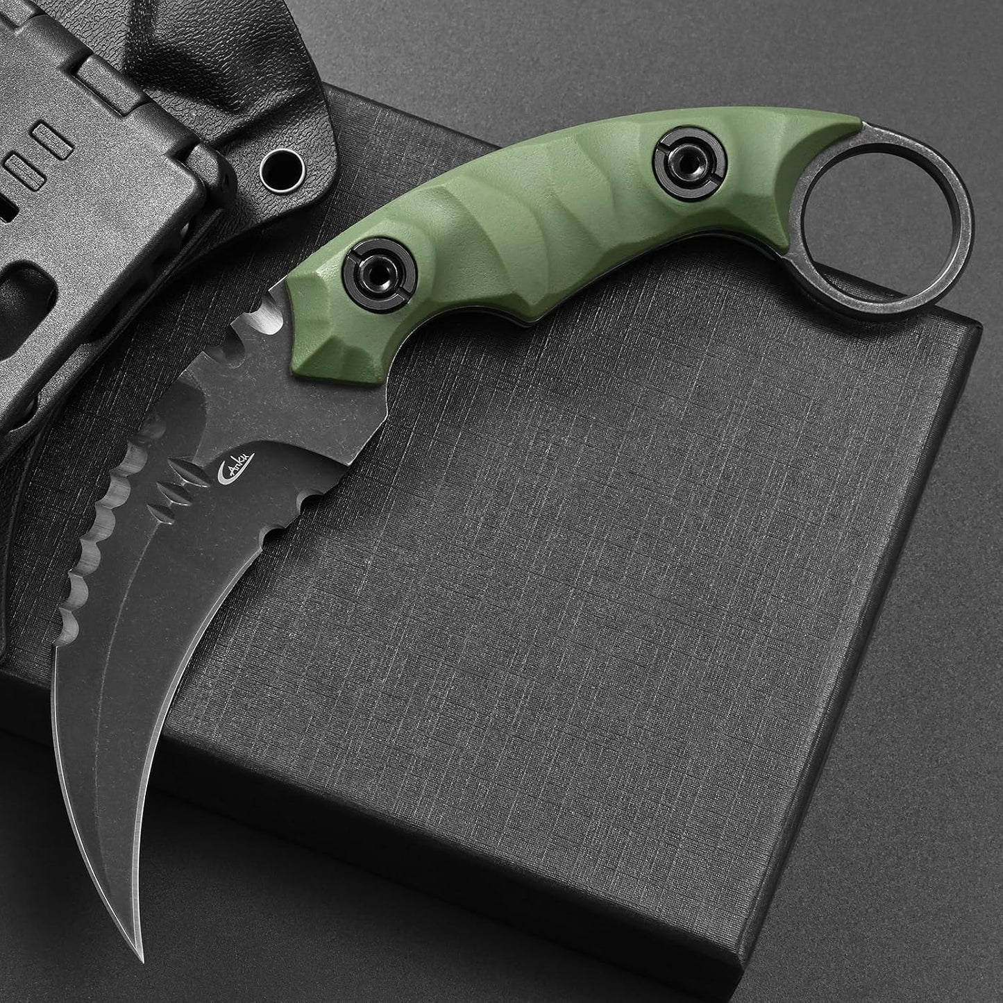 C1691N Fixed Blade Knife,D2 Steel Nylon Fiberglass Handle Outdoor Claw Knife for Survival, Hiking, Camping with Kydex Sheaths(Black)