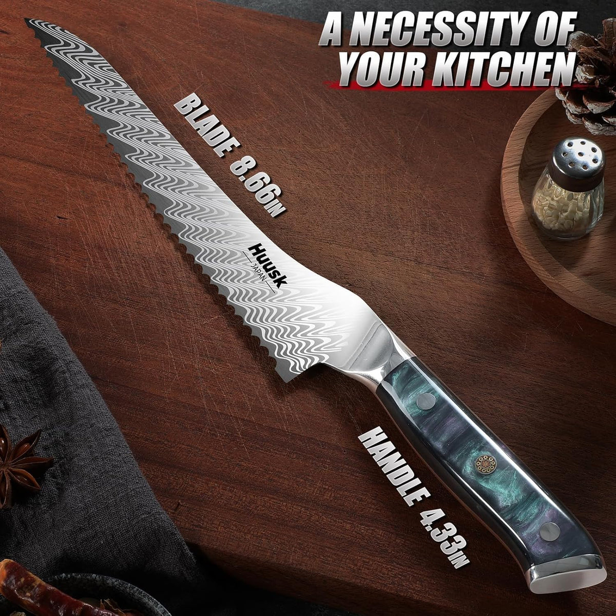 Huusk Serrated Bread Knife 8", Sourdough Bread Knife, Gift for Bakers | Serrated Knife for Homemade Breads Slicing Cake Bagels Baguettes, Stainless Steel Blade & Resin Handle