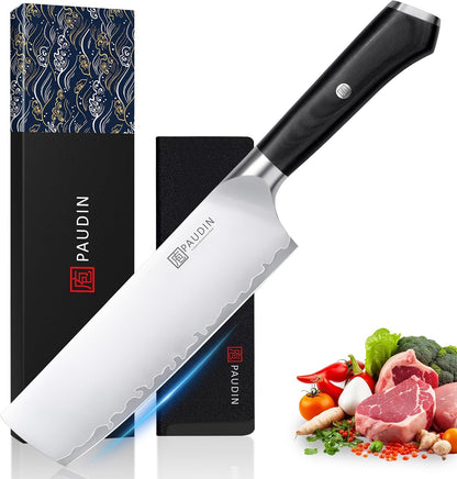 Nakiri Knife 7 Inch,Damascus High Carbon Steel Kitchen Knife 62 HRC, Ultra Sharp Vegetable Chopping Cleaver and Meat Slicing Asian Chef Knife for Home Cooks, Gift Box Included for Women and Men