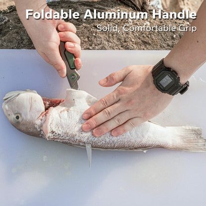 Shawka Folding Fillet Knife for Fish, 5.81" 14C28N Blade, C22029B-3 | Aluminum Handle with & Safety Lock, Includes Nylon Sheath, Foldable Fishing Knife, Portable EDC for Outdoor