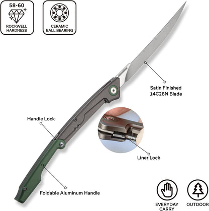 Shawka Folding Fillet Knife for Fish, 5.81" 14C28N Blade, C22029B-3 | Aluminum Handle with & Safety Lock, Includes Nylon Sheath, Foldable Fishing Knife, Portable EDC for Outdoor