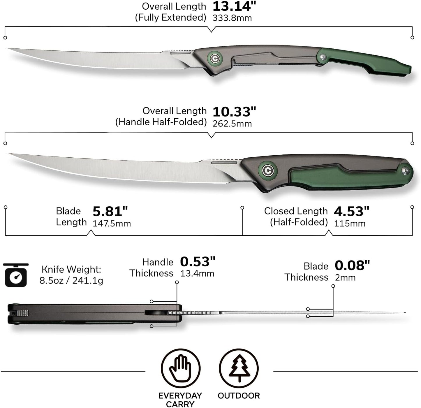 Shawka Folding Fillet Knife for Fish, 5.81" 14C28N Blade, C22029B-3 | Aluminum Handle with & Safety Lock, Includes Nylon Sheath, Foldable Fishing Knife, Portable EDC for Outdoor
