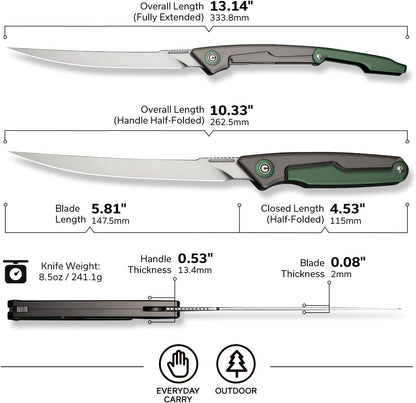 Shawka Folding Fillet Knife for Fish, 5.81" 14C28N Blade, C22029B-3 | Aluminum Handle with & Safety Lock, Includes Nylon Sheath, Foldable Fishing Knife, Portable EDC for Outdoor