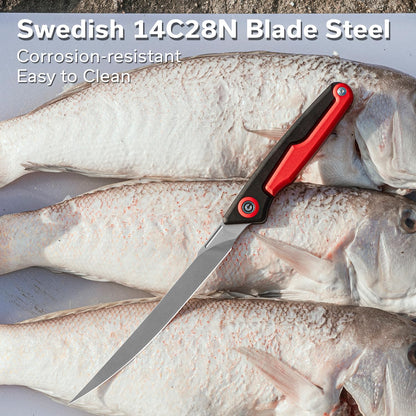 Shawka Folding Fillet Knife for Fish, 5.81" 14C28N Blade, C22029B-3 | Aluminum Handle with & Safety Lock, Includes Nylon Sheath, Foldable Fishing Knife, Portable EDC for Outdoor