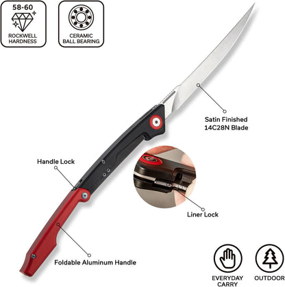 Shawka Folding Fillet Knife for Fish, 5.81" 14C28N Blade, C22029B-3 | Aluminum Handle with & Safety Lock, Includes Nylon Sheath, Foldable Fishing Knife, Portable EDC for Outdoor