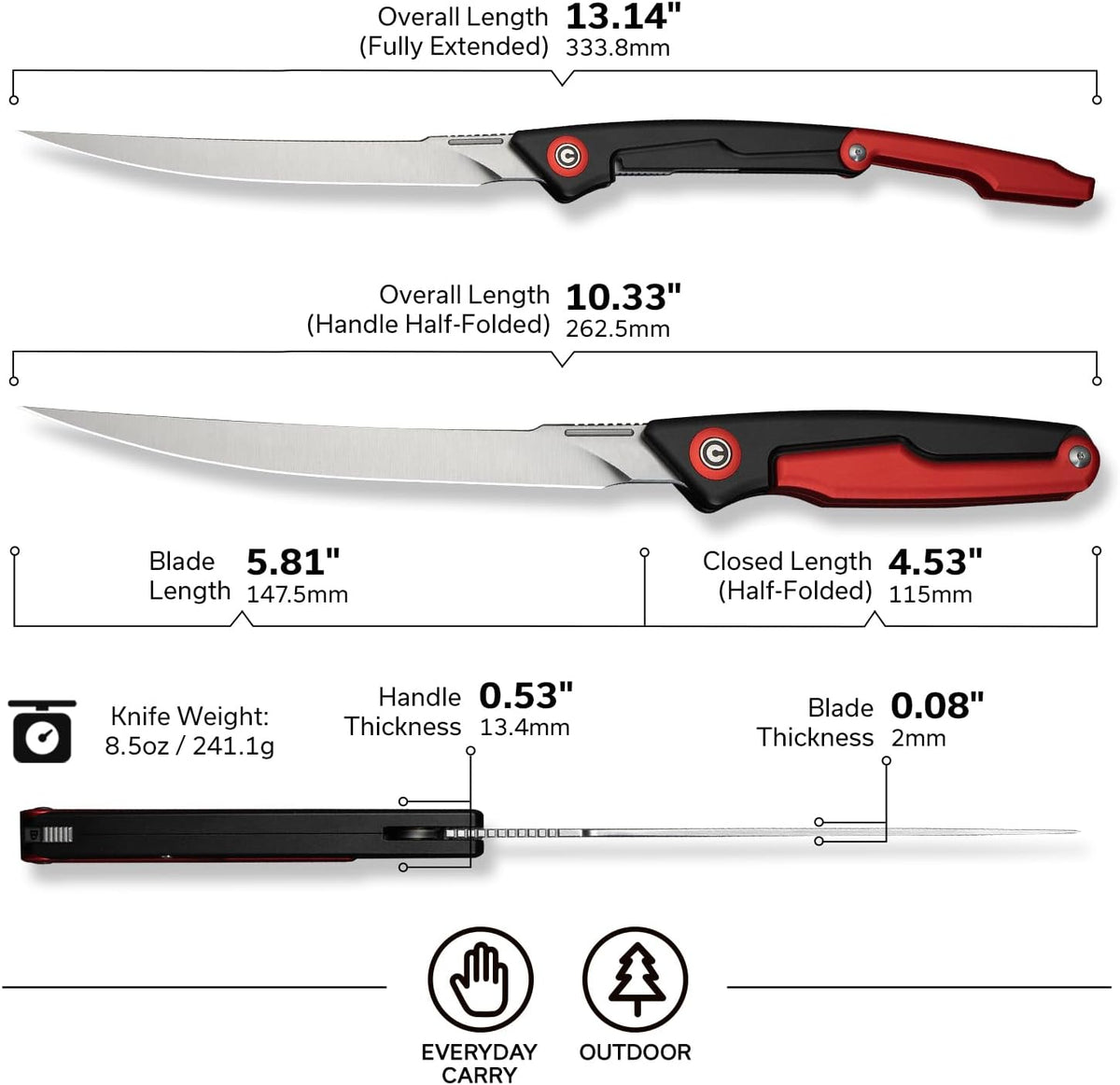 Shawka Folding Fillet Knife for Fish, 5.81" 14C28N Blade, C22029B-3 | Aluminum Handle with & Safety Lock, Includes Nylon Sheath, Foldable Fishing Knife, Portable EDC for Outdoor