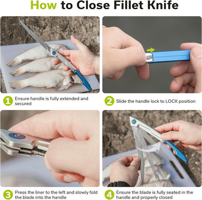Shawka Folding Fillet Knife for Fish, 5.81" 14C28N Blade, C22029B-3 | Aluminum Handle with & Safety Lock, Includes Nylon Sheath, Foldable Fishing Knife, Portable EDC for Outdoor