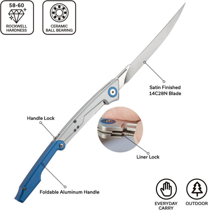 Shawka Folding Fillet Knife for Fish, 5.81" 14C28N Blade, C22029B-3 | Aluminum Handle with & Safety Lock, Includes Nylon Sheath, Foldable Fishing Knife, Portable EDC for Outdoor