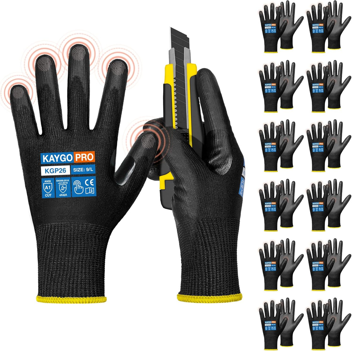 Cut Resistant Work Gloves PU Coated,Touchscreen,12 Pairs | ANSI Cut Level A1, Full Finger Touchscreen, 13-Gauge Seamless Knit, For Warehouse, Assembly, Construction, General Duty,Black
