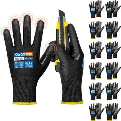 Cut Resistant Work Gloves PU Coated,Touchscreen,12 Pairs | ANSI Cut Level A1, Full Finger Touchscreen, 13-Gauge Seamless Knit, For Warehouse, Assembly, Construction, General Duty,Black