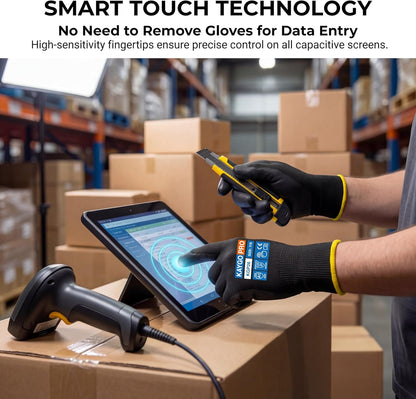 Cut Resistant Work Gloves PU Coated,Touchscreen,12 Pairs | ANSI Cut Level A1, Full Finger Touchscreen, 13-Gauge Seamless Knit, For Warehouse, Assembly, Construction, General Duty,Black