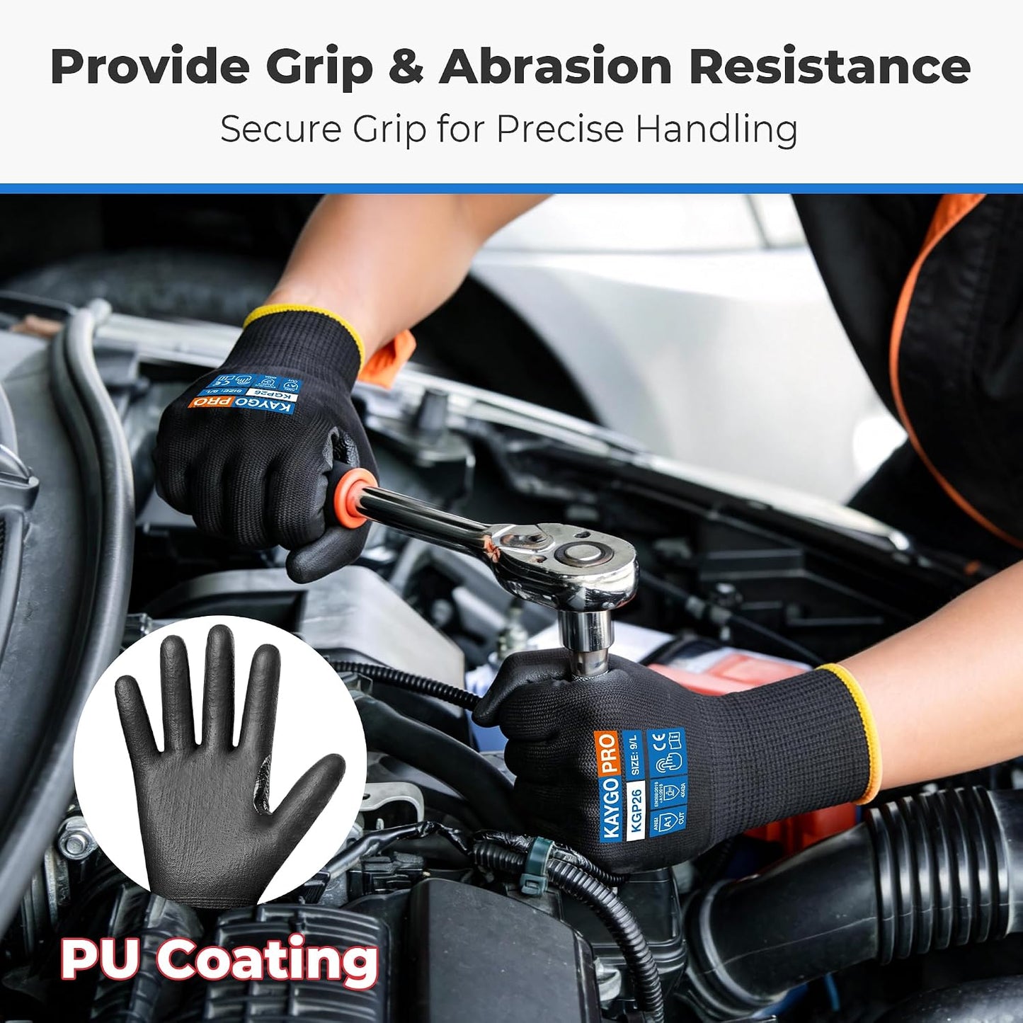 Cut Resistant Work Gloves PU Coated,Touchscreen,12 Pairs | ANSI Cut Level A1, Full Finger Touchscreen, 13-Gauge Seamless Knit, For Warehouse, Assembly, Construction, General Duty,Black