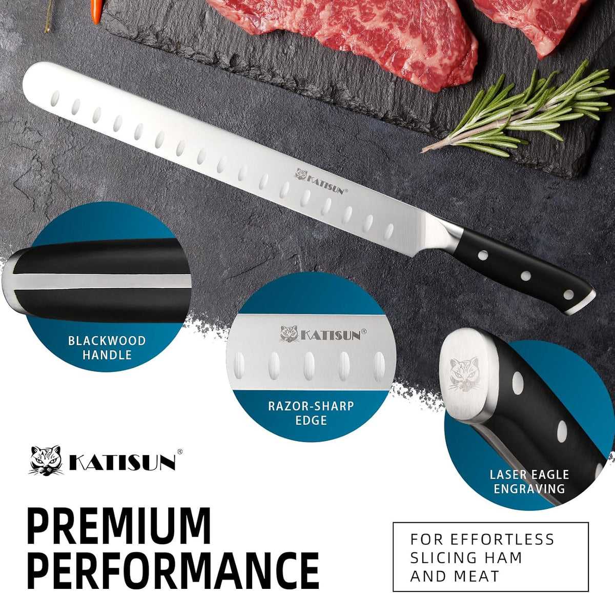 Brisket Knife, 12 Inch Carving & Slicing Knife for Meat Cutting, BBQ, Razor Sharp German Steel, Sheath Included, Ergonomic Handle Design, Grilling Gifts for Men