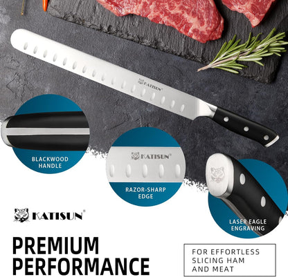 Brisket Knife, 12 Inch Carving & Slicing Knife for Meat Cutting, BBQ, Razor Sharp German Steel, Sheath Included, Ergonomic Handle Design, Grilling Gifts for Men
