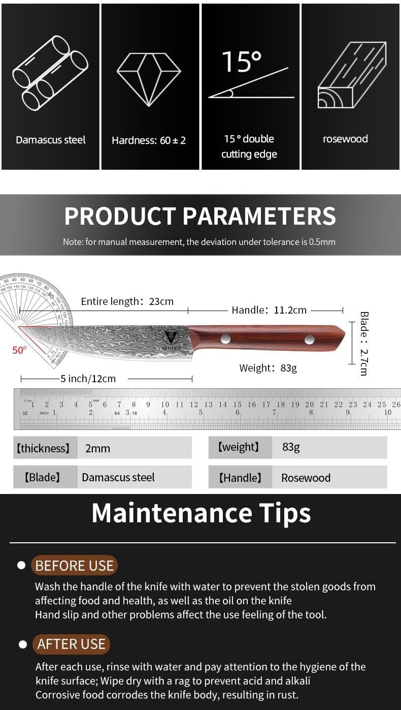 4.7" Paring Knife Damascus Steel Fruit Knives - 67-Layer Forged Kitchen Peeling Knife with Natural Solid Wood Handle Kitchen Utility Knives, 15° Double-Edged Blade, Ultra-Sharp & Durable