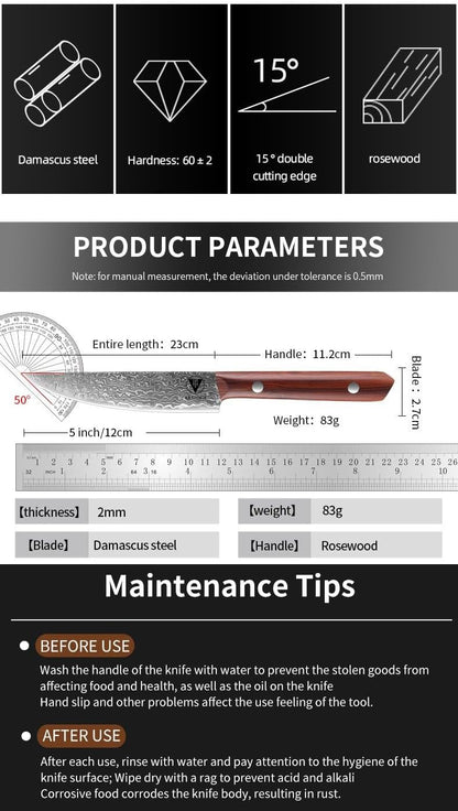 4.7" Paring Knife Damascus Steel Fruit Knives - 67-Layer Forged Kitchen Peeling Knife with Natural Solid Wood Handle Kitchen Utility Knives, 15° Double-Edged Blade, Ultra-Sharp & Durable