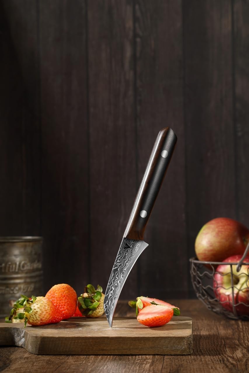 4.7" Paring Knife Damascus Steel Fruit Knives - 67-Layer Forged Kitchen Peeling Knife with Natural Solid Wood Handle Kitchen Utility Knives, 15° Double-Edged Blade, Ultra-Sharp & Durable