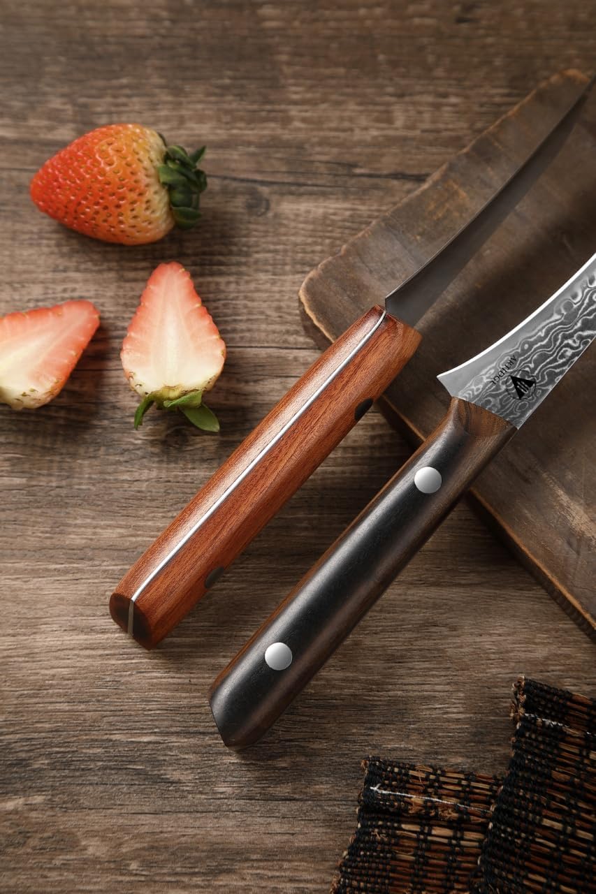 4.7" Paring Knife Damascus Steel Fruit Knives - 67-Layer Forged Kitchen Peeling Knife with Natural Solid Wood Handle Kitchen Utility Knives, 15° Double-Edged Blade, Ultra-Sharp & Durable