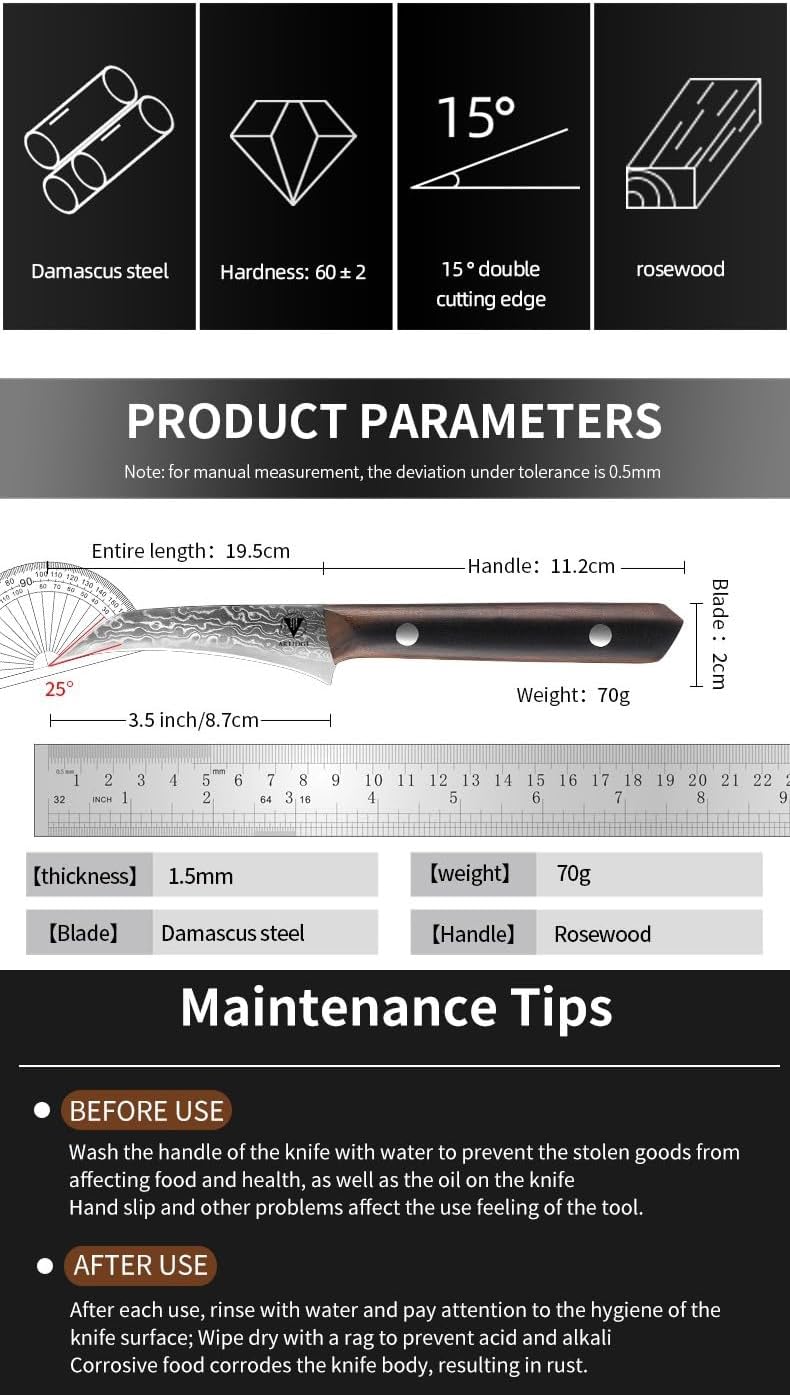 4.7" Paring Knife Damascus Steel Fruit Knives - 67-Layer Forged Kitchen Peeling Knife with Natural Solid Wood Handle Kitchen Utility Knives, 15° Double-Edged Blade, Ultra-Sharp & Durable