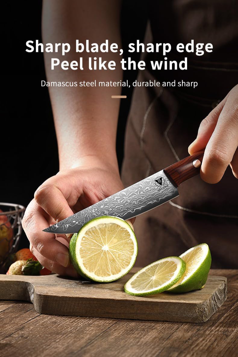 4.7" Paring Knife Damascus Steel Fruit Knives - 67-Layer Forged Kitchen Peeling Knife with Natural Solid Wood Handle Kitchen Utility Knives, 15° Double-Edged Blade, Ultra-Sharp & Durable
