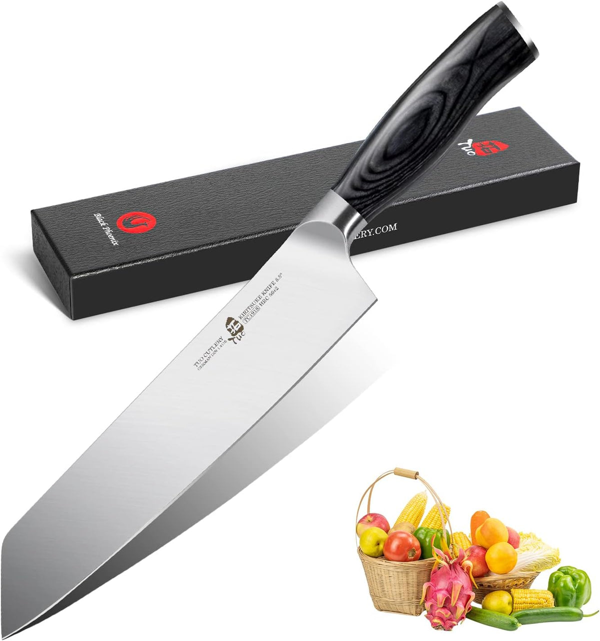 Kiritsuke Knife 8.5 inch Vegetable Cleaver Kitchen Knife Ultra Sharp Knife, German High Carbon Stainless Steel, Ergonomic Pakkawood Handle Gift Box, Fiery Phoenix Series - Black
