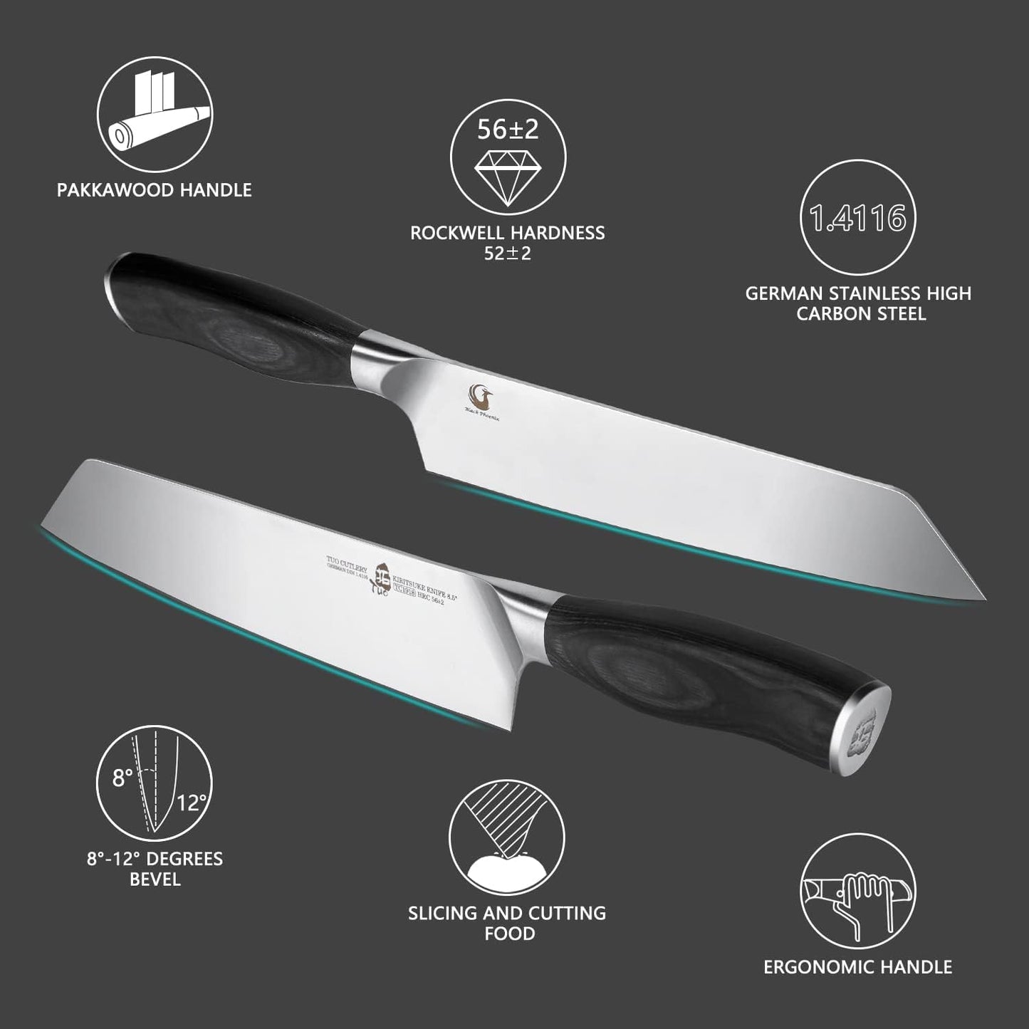Kiritsuke Knife 8.5 inch Vegetable Cleaver Kitchen Knife Ultra Sharp Knife, German High Carbon Stainless Steel, Ergonomic Pakkawood Handle Gift Box, Fiery Phoenix Series - Black