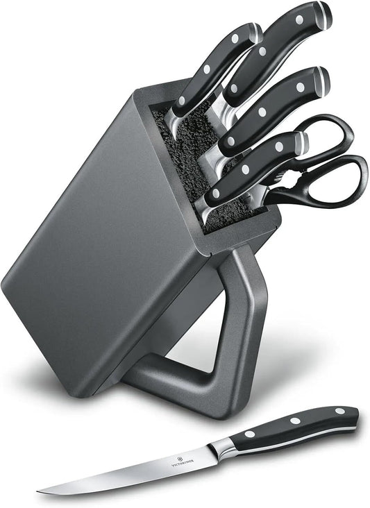 Grand Maitre Cutlery Block - Modern Block with Knives - Includes Kitchen Scissors, Chef's Knife, Santoku & More - Black Handles, 6-Piece Set