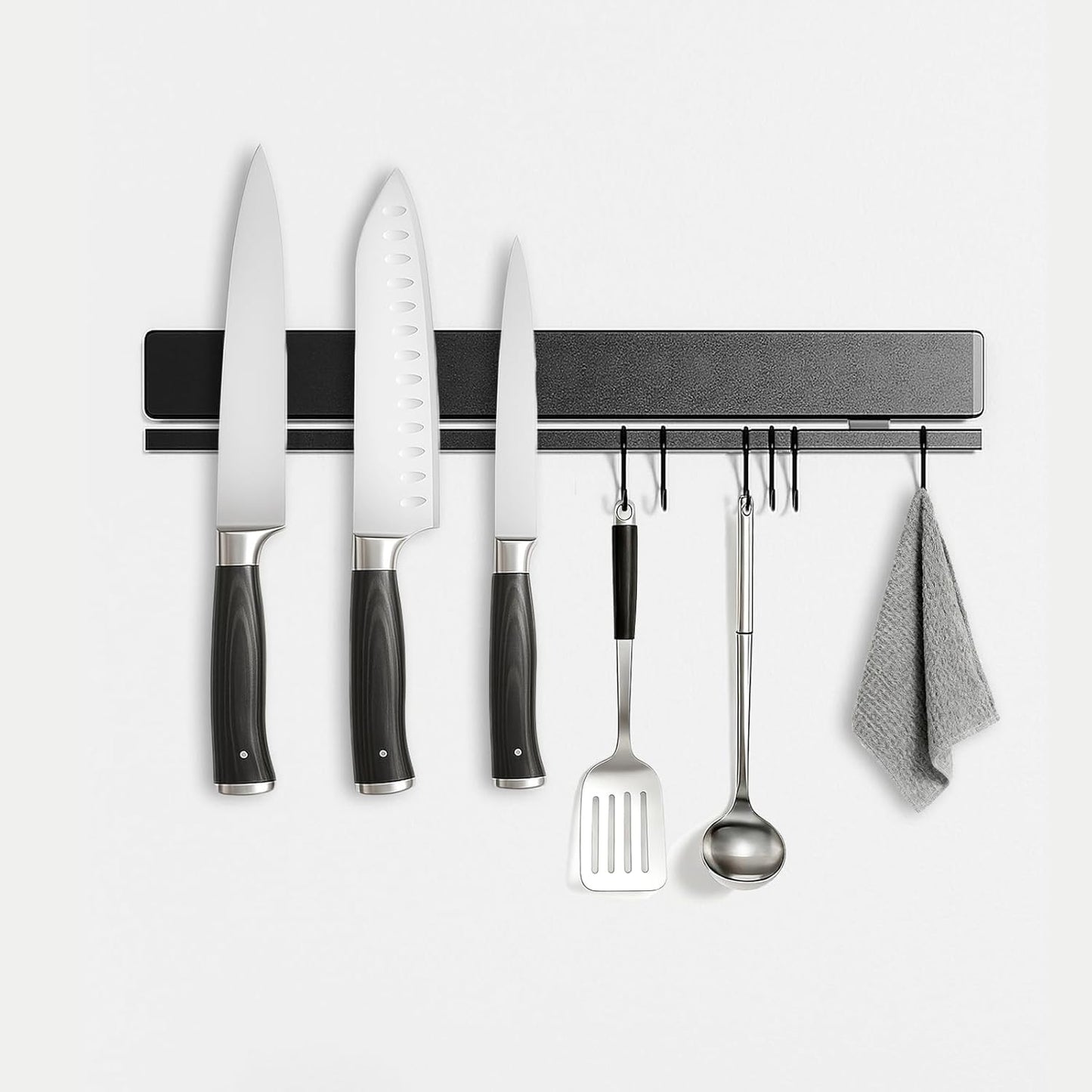 12 Inch Magnetic Knife Holder for Wall, No Drill Magnetic Knife Strip with 6 Hooks, Strong Adhesive, Includes 3M Tape & Screws, Stainless Steel Kitchen Organizer