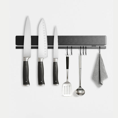 12 Inch Magnetic Knife Holder for Wall, No Drill Magnetic Knife Strip with 6 Hooks, Strong Adhesive, Includes 3M Tape & Screws, Stainless Steel Kitchen Organizer