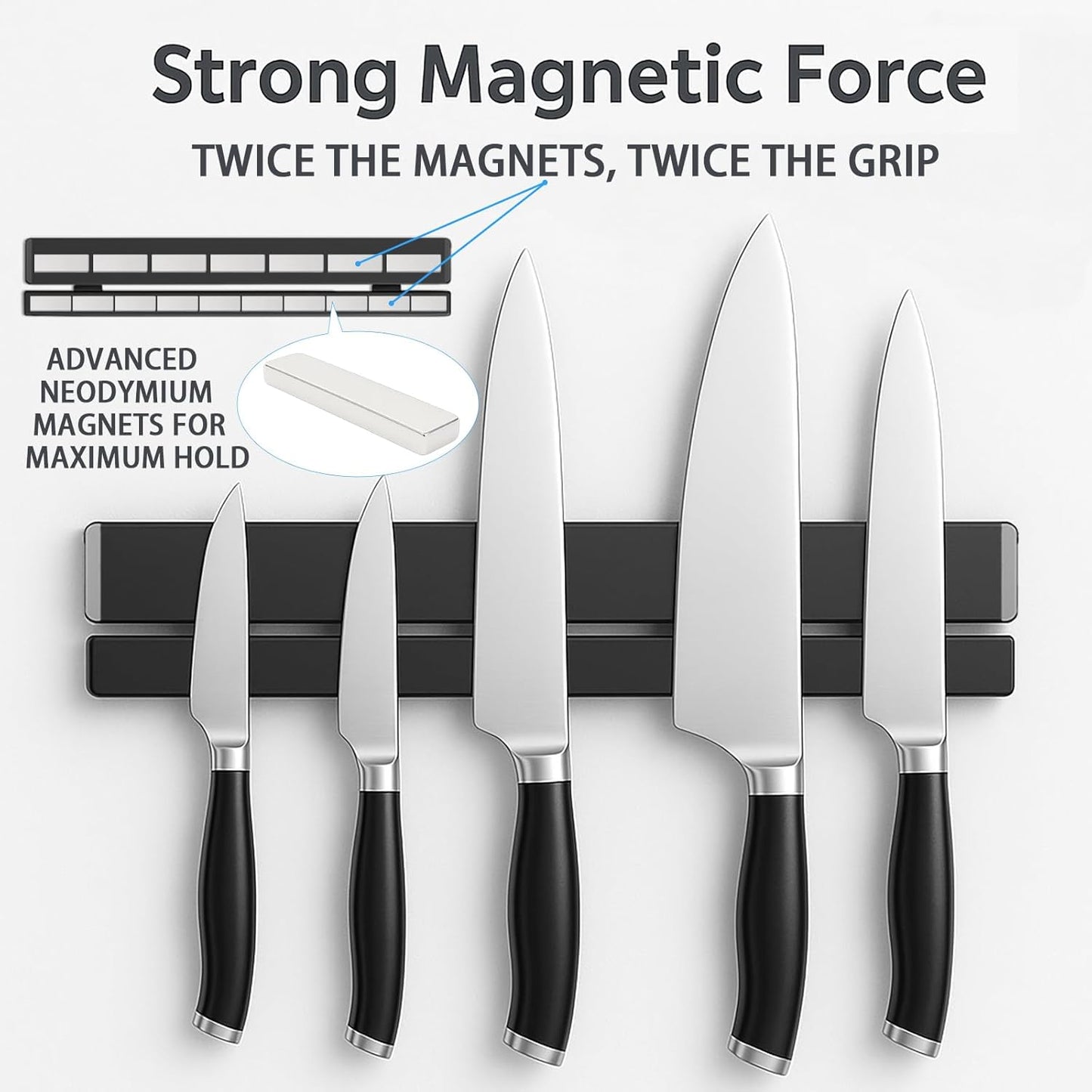 12 Inch Magnetic Knife Holder for Wall, No Drill Magnetic Knife Strip with 6 Hooks, Strong Adhesive, Includes 3M Tape & Screws, Stainless Steel Kitchen Organizer
