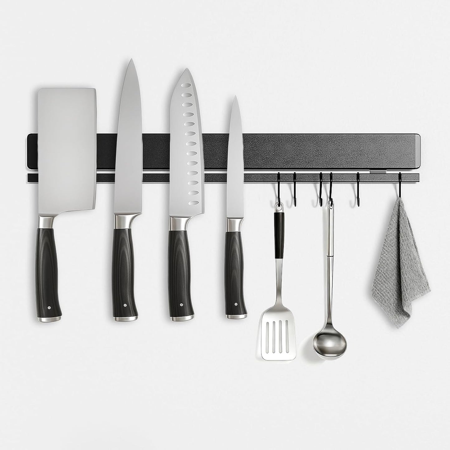 12 Inch Magnetic Knife Holder for Wall, No Drill Magnetic Knife Strip with 6 Hooks, Strong Adhesive, Includes 3M Tape & Screws, Stainless Steel Kitchen Organizer