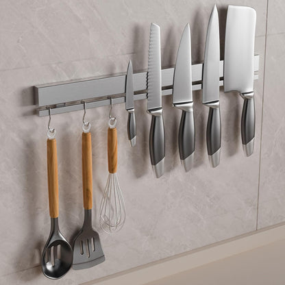 12 Inch Magnetic Knife Holder for Wall, No Drill Magnetic Knife Strip with 6 Hooks, Strong Adhesive, Includes 3M Tape & Screws, Stainless Steel Kitchen Organizer
