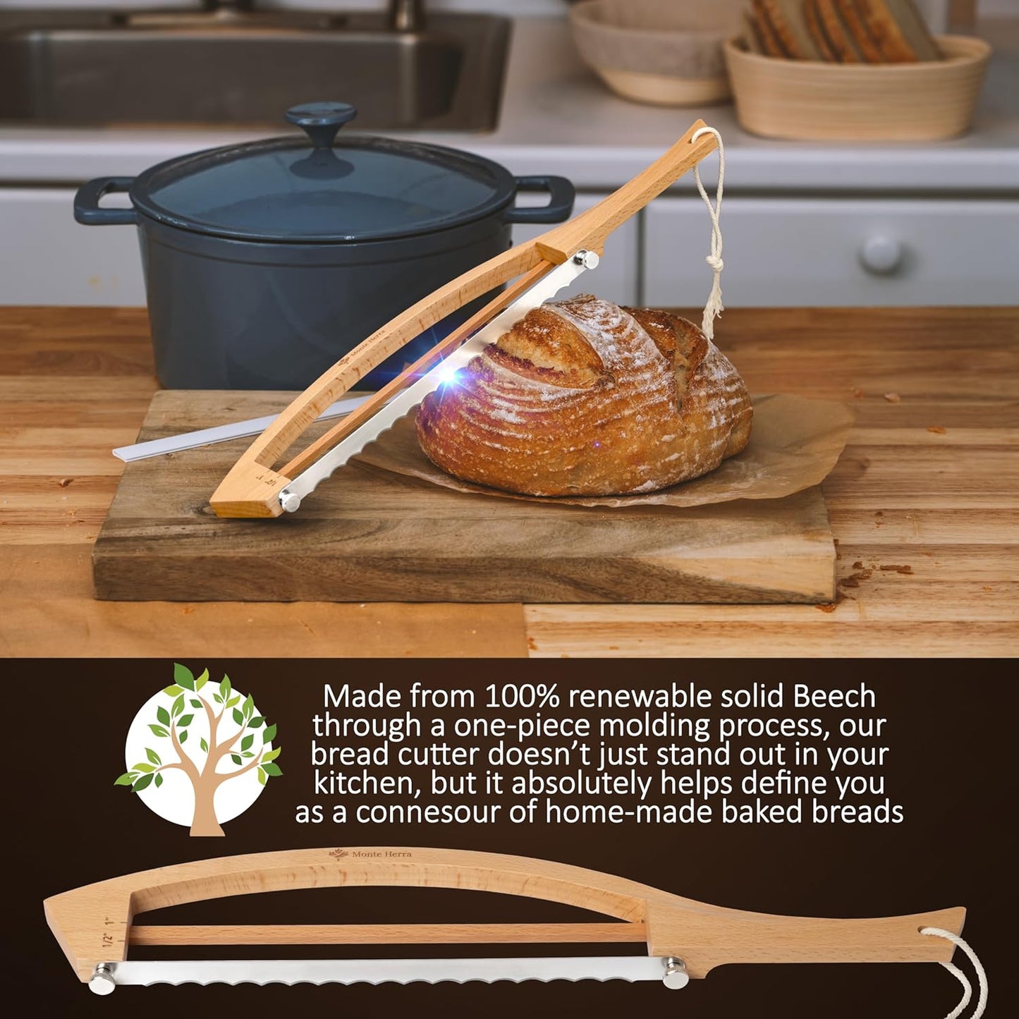 Adjustable Bread Knife for Homemade Bread with 1/2" and 1" Thickness Guides | Bread Slicer - 17" Bread Cutter - Handle Groove Design Easy to Cutting Even Slices for Sourdough Baguettes Sandwiches