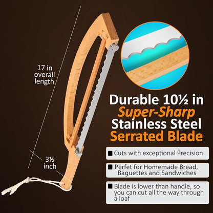 Adjustable Bread Knife for Homemade Bread with 1/2" and 1" Thickness Guides | Bread Slicer - 17" Bread Cutter - Handle Groove Design Easy to Cutting Even Slices for Sourdough Baguettes Sandwiches