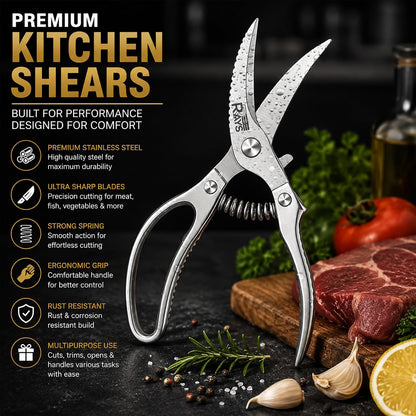 Heavy Duty Poultry Shears, Spring Loaded Kitchen Scissors for Chicken, Turkey, Meat & Fish, Stainless Steel Meat Scissors & Chicken Bone Cutter, Dishwasher Safe with Safety Lock & Gift Box
